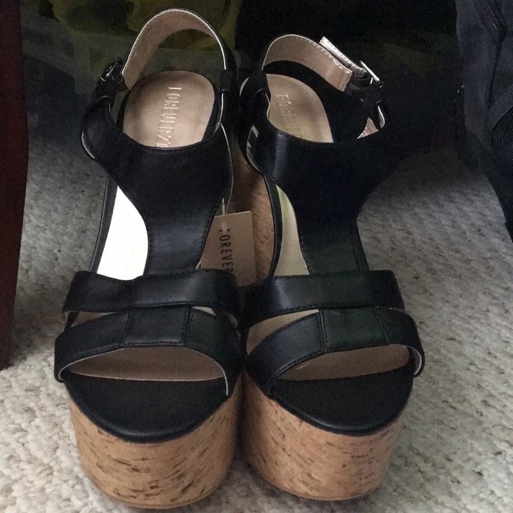 Forever 21 Black Leather Wedges